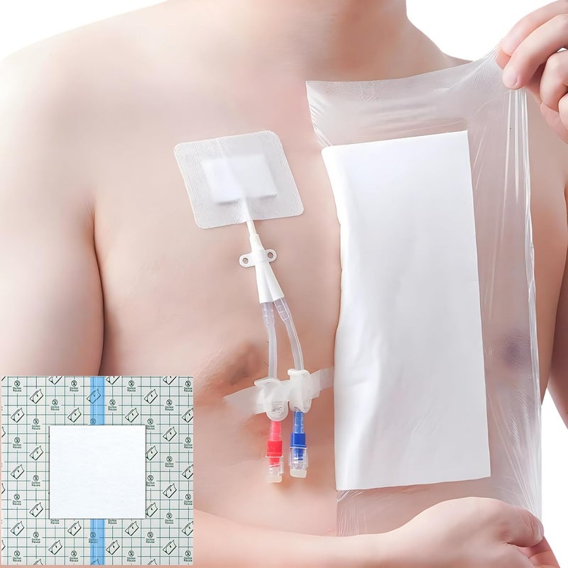 EaseToU 10.2"x10.2" Waterproof Dialysis Port Shower Covers Protector for Chest with No Glue On The Center, PICC Line Chest Port Shield Island Bandage Dressing Accessories, Pack of 25 - Image 1